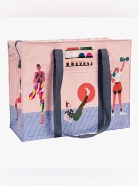 Blue Q Pink Tote with Navy Straps and Fitness Illustration